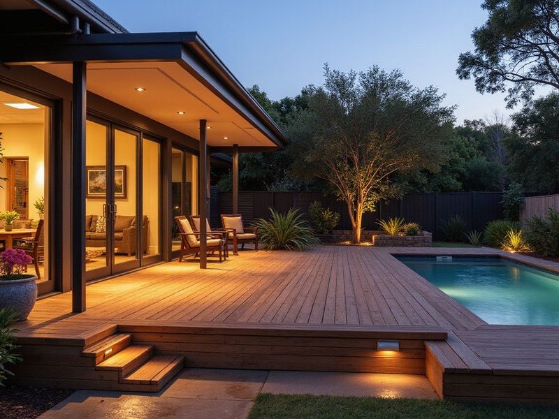 Hardwood deck with built-in seating and lighting