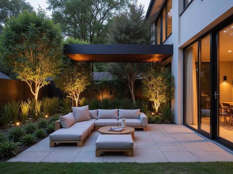 Modern courtyard garden with feature lighting