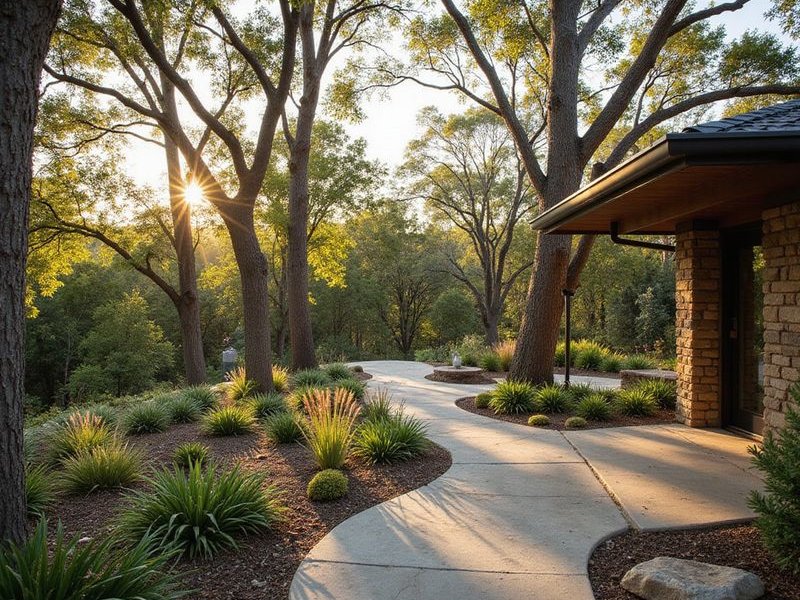 Native bush garden design with established trees and natural stone