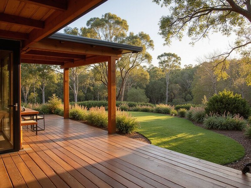 Timber decking and pergola with native garden