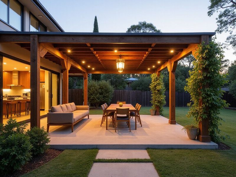 Timber pergola with climbing plants