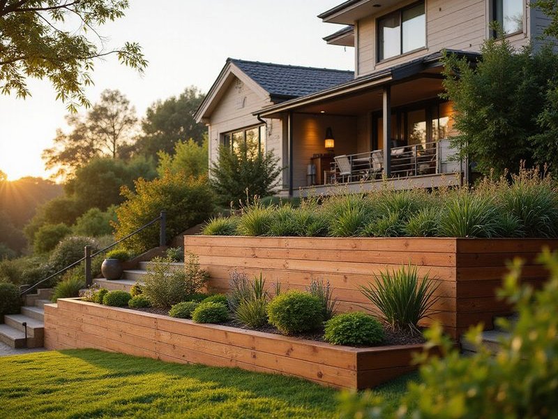 Timber retaining wall creating level lawn area