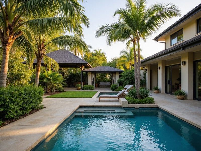 Tropical pool garden creating private oasis