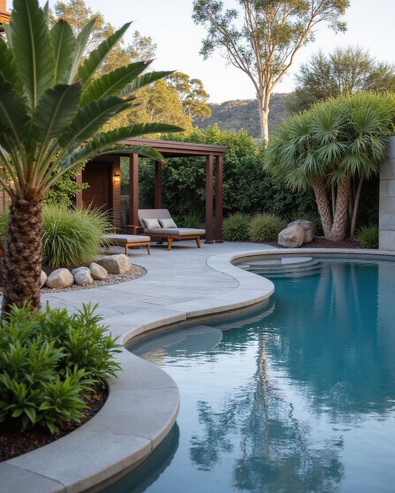 Contemporary pool landscaping with bluestone coping
