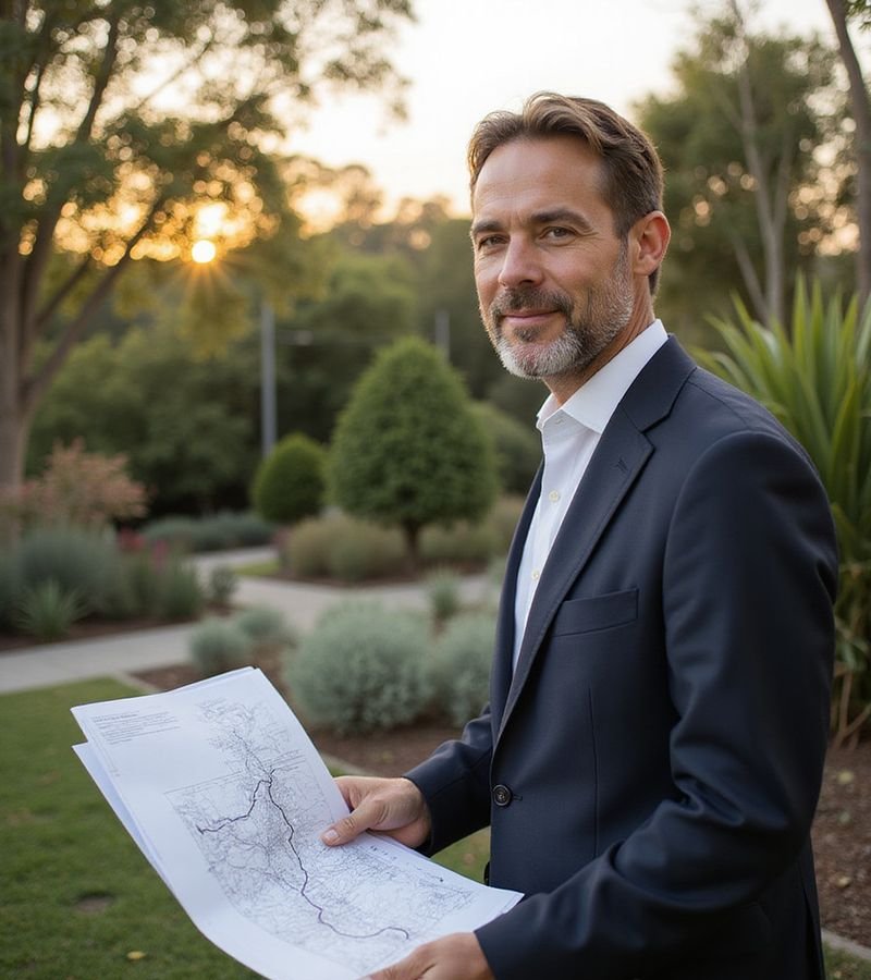 David Claude reviewing landscape design plans on site