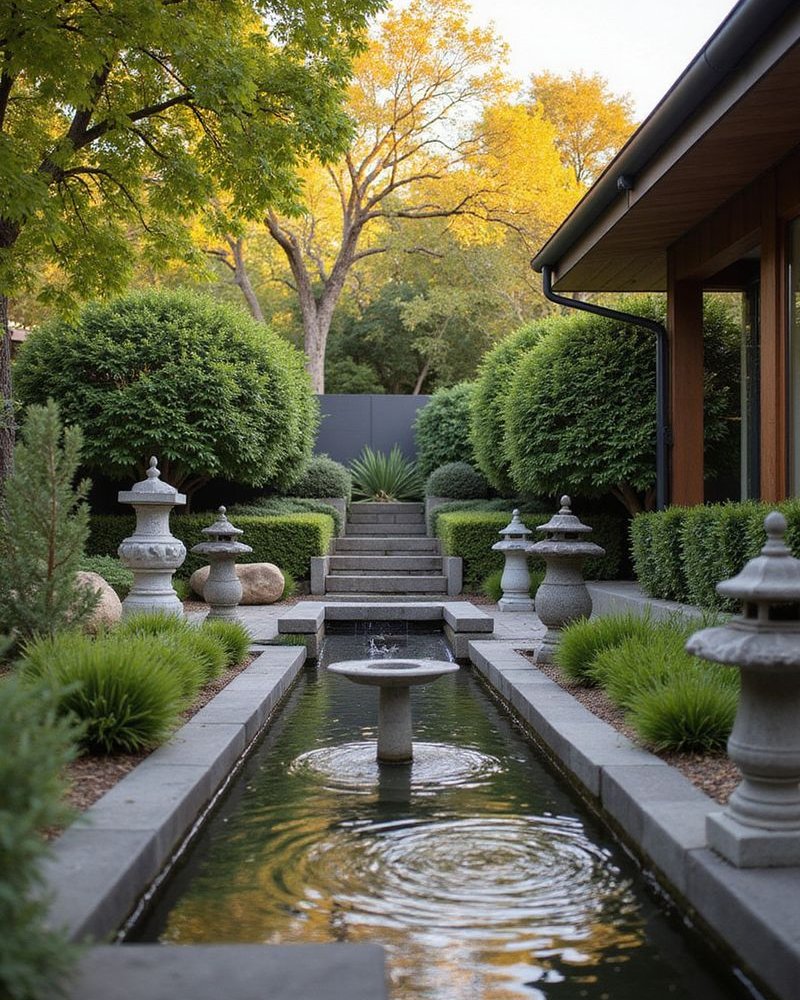 Japanese-inspired garden with stone lanterns and water feature